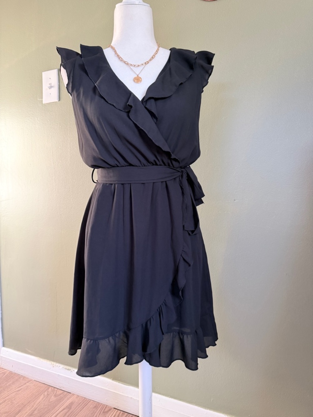 Black Ruffle Wrap Mini Dress with Tie Waist (Pink Lily)